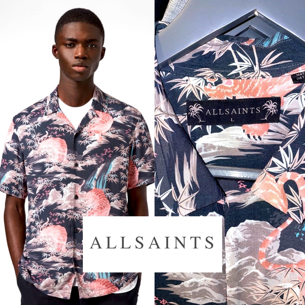 AllSaints NWOT Mens Medan SS Button Up 100% Viscose Shirt Large
